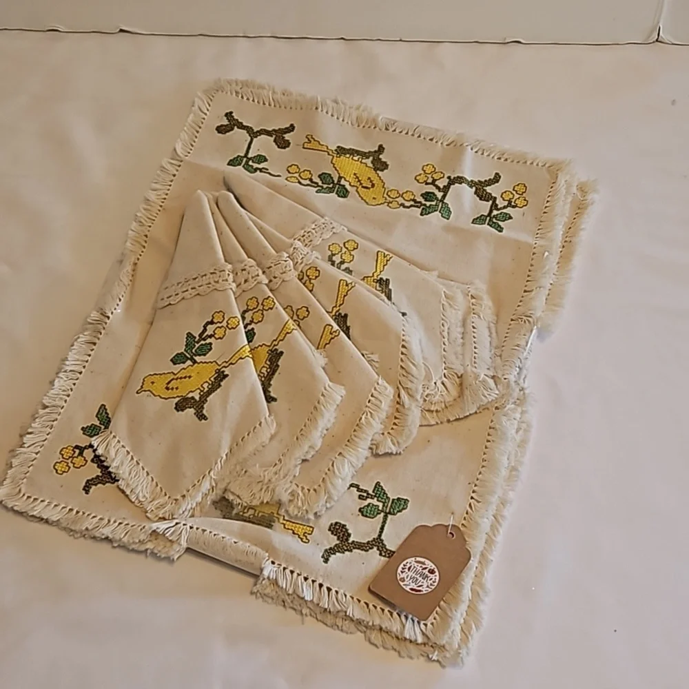 Hand Crafted placemats cross stitch yellow bird matching napkins retro 12pc set